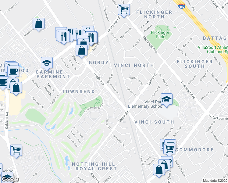 map of restaurants, bars, coffee shops, grocery stores, and more near 1529 Ambergrove Drive in San Jose