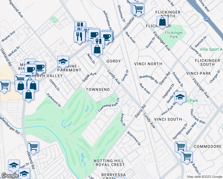 map of restaurants, bars, coffee shops, grocery stores, and more near 1412 Rocklin Court in San Jose