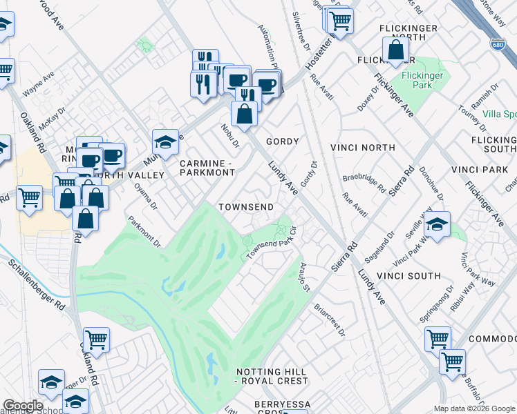map of restaurants, bars, coffee shops, grocery stores, and more near 1540 Meadow Ridge Circle in San Jose