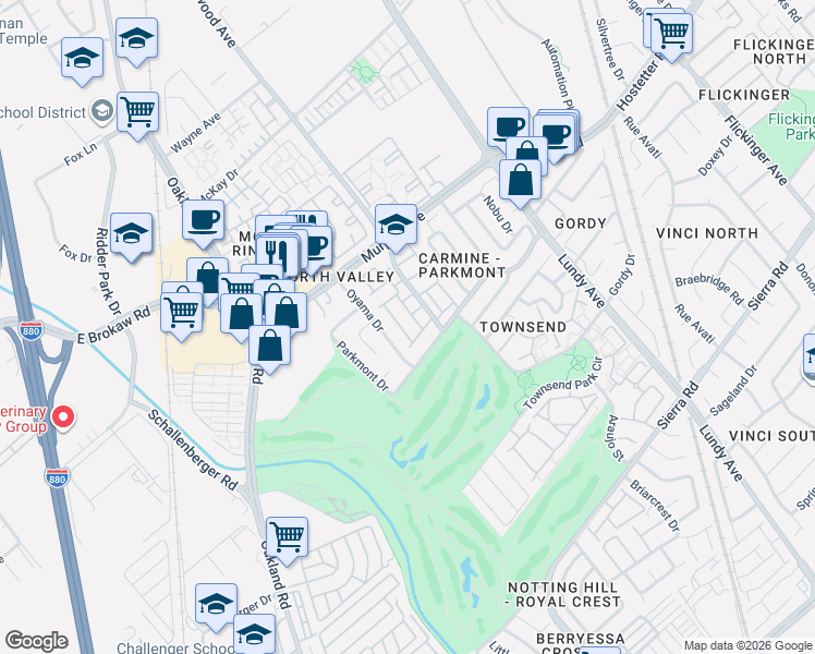 map of restaurants, bars, coffee shops, grocery stores, and more near 1513 Oyama Drive in San Jose