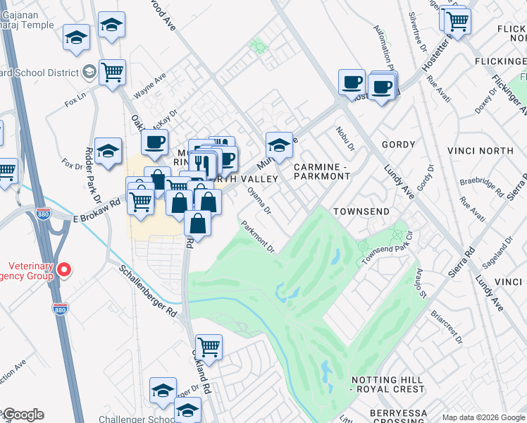 map of restaurants, bars, coffee shops, grocery stores, and more near 1507 Oyama Place in San Jose