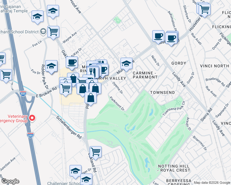 map of restaurants, bars, coffee shops, grocery stores, and more near 1507 Oyama Place in San Jose