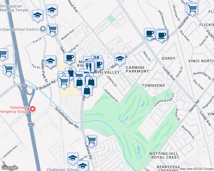 map of restaurants, bars, coffee shops, grocery stores, and more near 1507 Oyama Place in San Jose