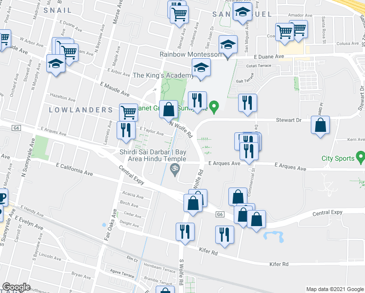 map of restaurants, bars, coffee shops, grocery stores, and more near in Sunnyvale