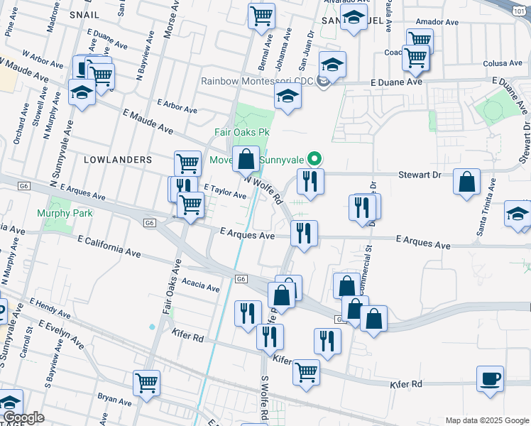 map of restaurants, bars, coffee shops, grocery stores, and more near in Sunnyvale