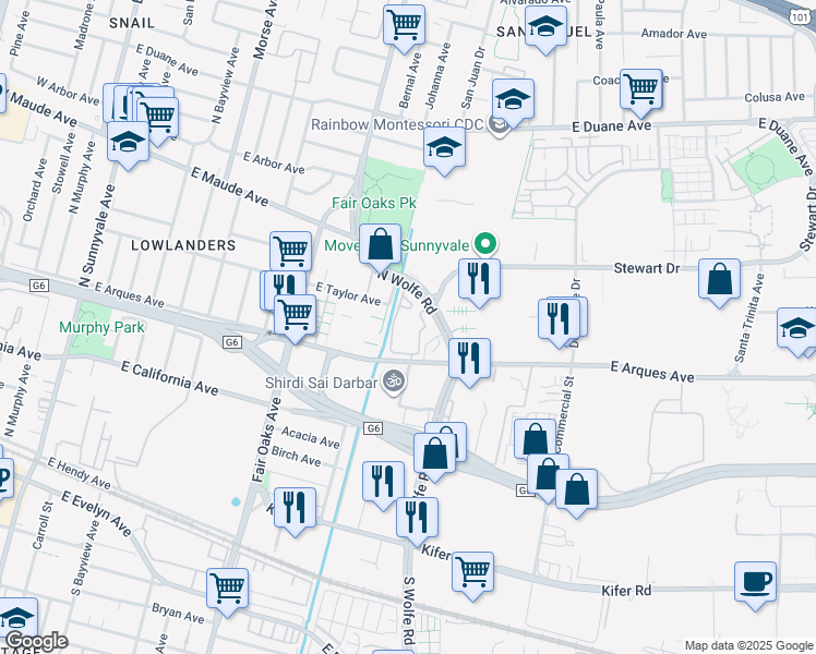 map of restaurants, bars, coffee shops, grocery stores, and more near 325 Charles Morris Terrace in Sunnyvale