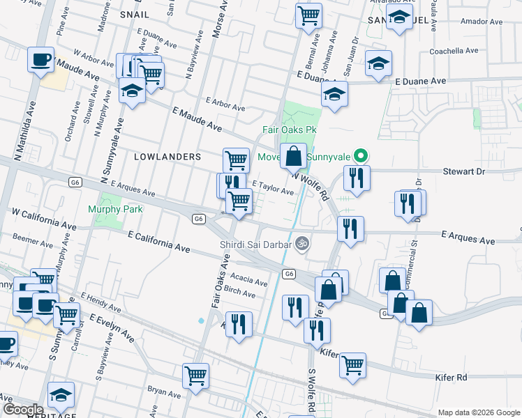 map of restaurants, bars, coffee shops, grocery stores, and more near 302 Santa Diana Terrace in Sunnyvale