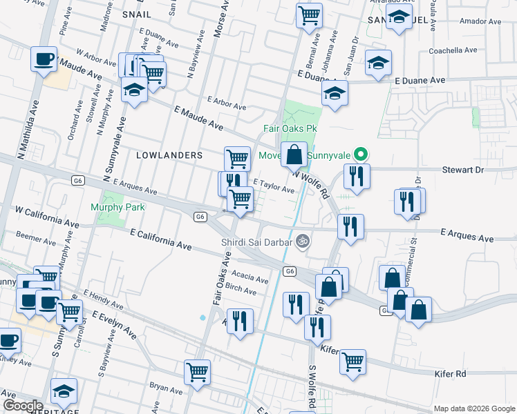 map of restaurants, bars, coffee shops, grocery stores, and more near 302 Santa Diana Terrace in Sunnyvale