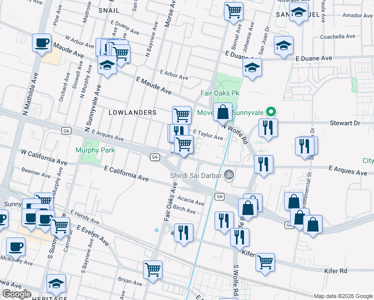 map of restaurants, bars, coffee shops, grocery stores, and more near 302 Santa Diana Terrace in Sunnyvale