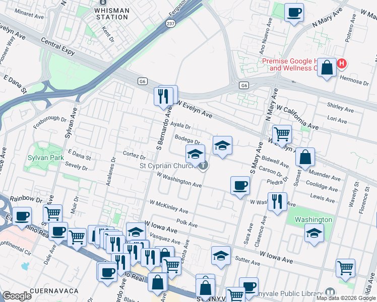 map of restaurants, bars, coffee shops, grocery stores, and more near 1142 Crespi Drive in Sunnyvale