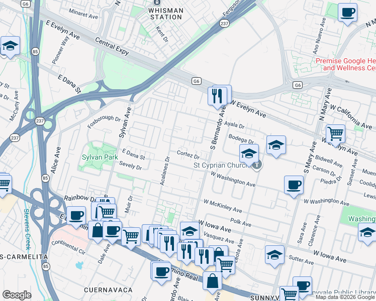 map of restaurants, bars, coffee shops, grocery stores, and more near 1228 Cortez Drive in Sunnyvale