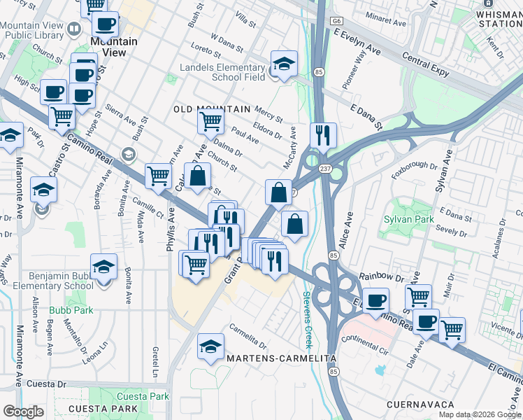 map of restaurants, bars, coffee shops, grocery stores, and more near 50 Centre Street in Mountain View