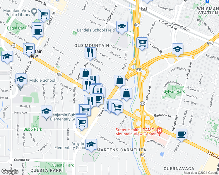 map of restaurants, bars, coffee shops, grocery stores, and more near 77 Centre Street in Mountain View