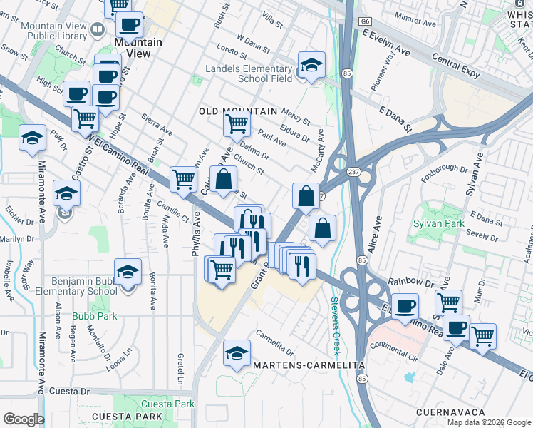 map of restaurants, bars, coffee shops, grocery stores, and more near 77 Centre Street in Mountain View