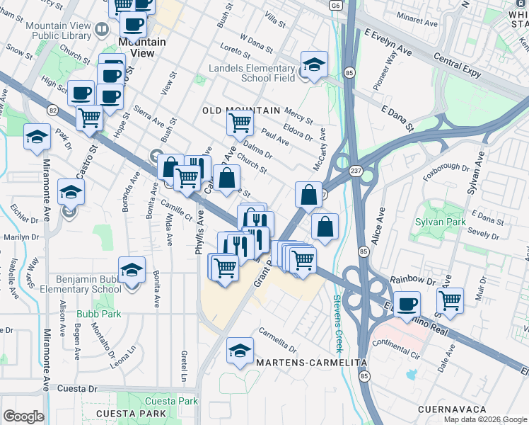 map of restaurants, bars, coffee shops, grocery stores, and more near 68 West El Camino Real in Mountain View