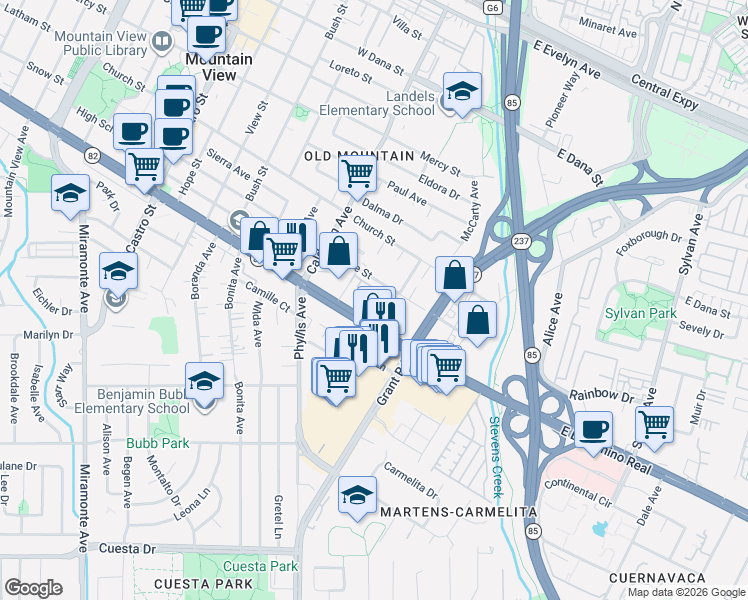 map of restaurants, bars, coffee shops, grocery stores, and more near 68 West El Camino Real in Mountain View