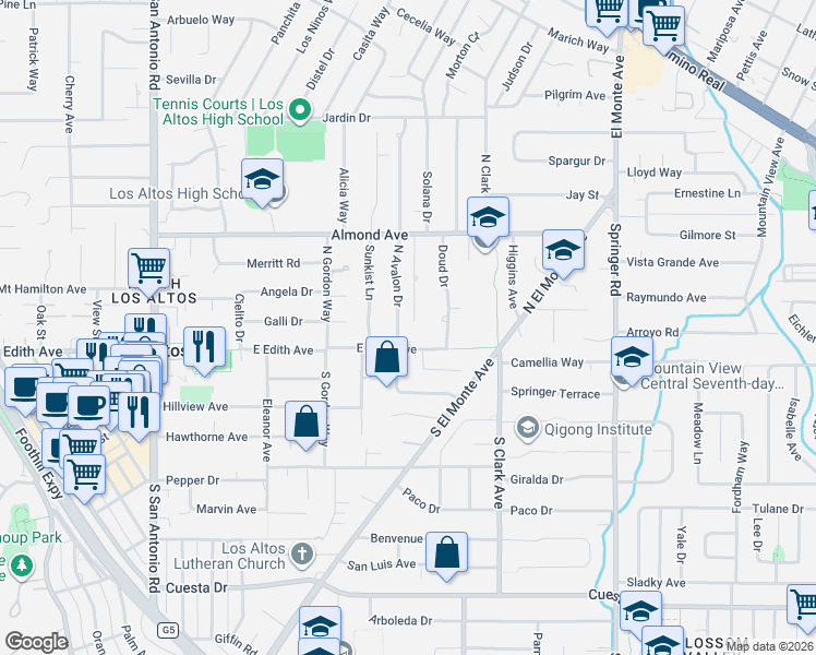 map of restaurants, bars, coffee shops, grocery stores, and more near 11 North Avalon Drive in Los Altos