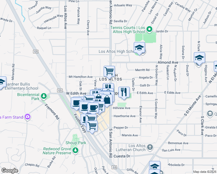map of restaurants, bars, coffee shops, grocery stores, and more near in Los Altos