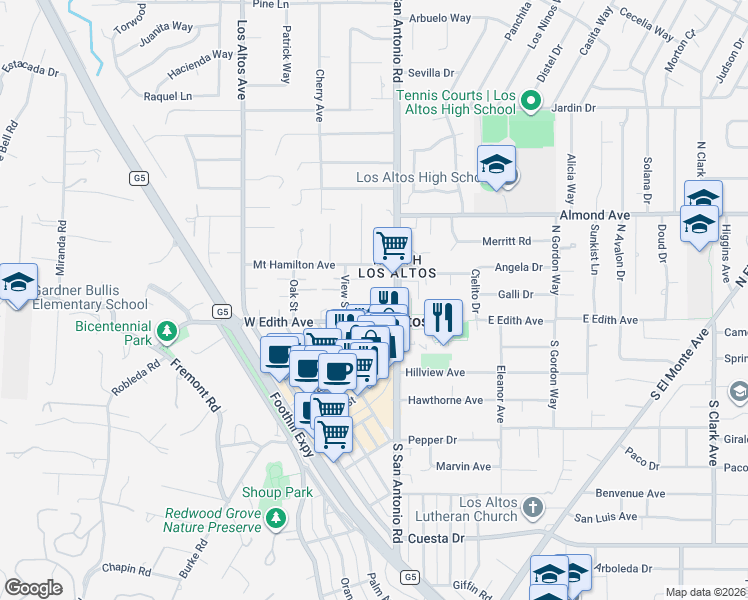 map of restaurants, bars, coffee shops, grocery stores, and more near in Los Altos
