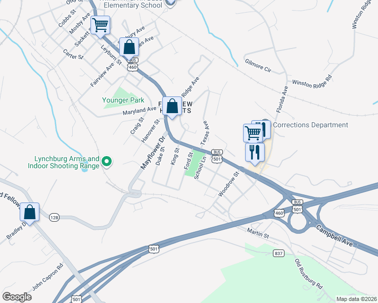 map of restaurants, bars, coffee shops, grocery stores, and more near 7 Ford Street in Lynchburg