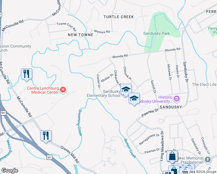 map of restaurants, bars, coffee shops, grocery stores, and more near 6008 Sunderland Place in Lynchburg