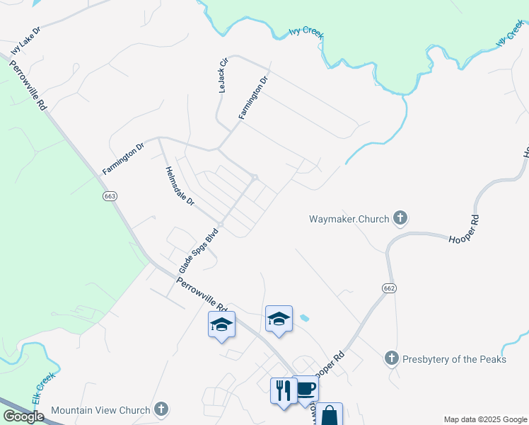 map of restaurants, bars, coffee shops, grocery stores, and more near Helmsdale Drive in Forest