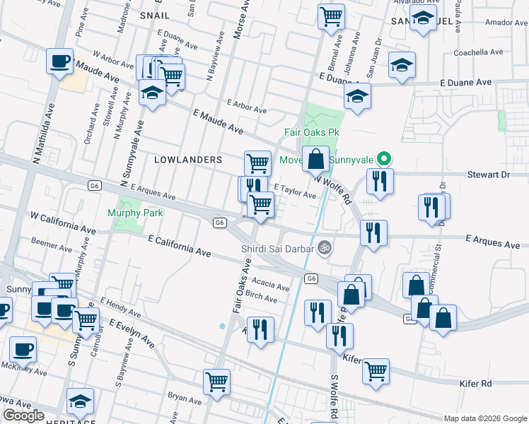 map of restaurants, bars, coffee shops, grocery stores, and more near 302 Santa Diana Terrace in Sunnyvale