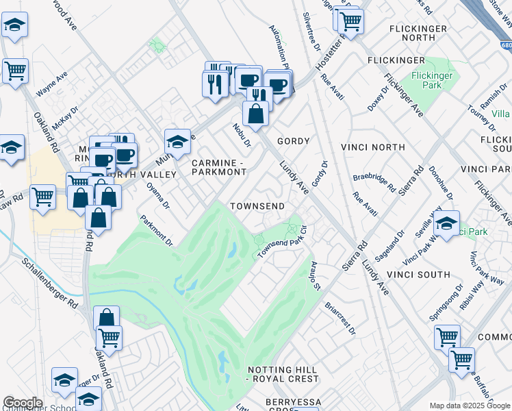 map of restaurants, bars, coffee shops, grocery stores, and more near 1399 Meadow Ridge Circle in San Jose