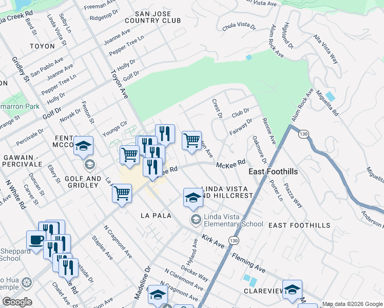 map of restaurants, bars, coffee shops, grocery stores, and more near 321 Valley View Avenue in San Jose