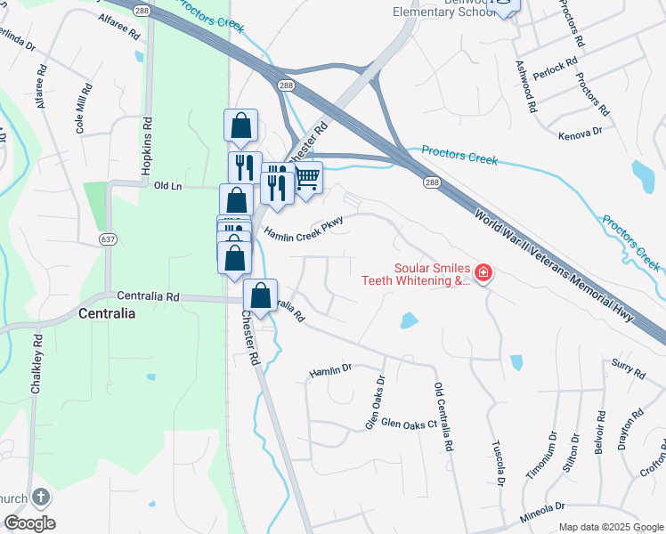 map of restaurants, bars, coffee shops, grocery stores, and more near 4036 Hilltop Field Drive in Chester