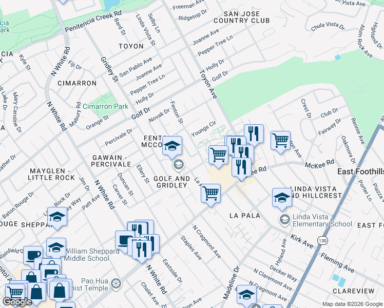 map of restaurants, bars, coffee shops, grocery stores, and more near 3377 Lucian Avenue in San Jose