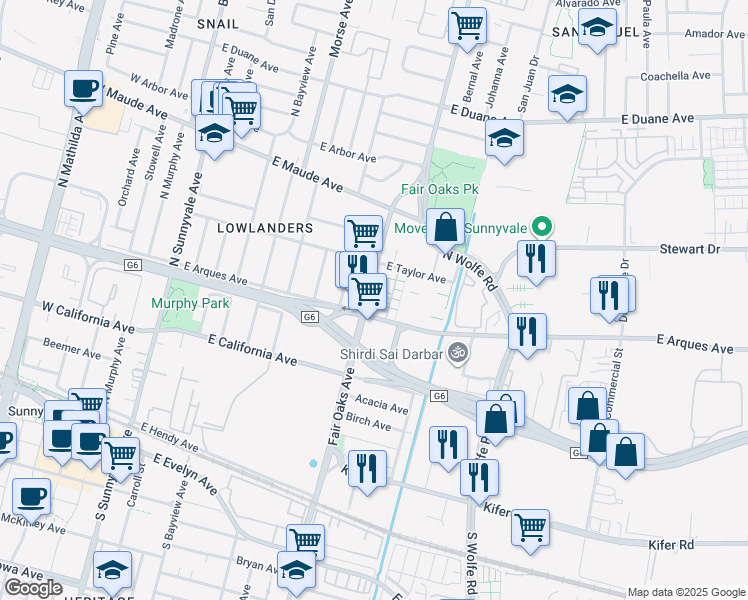 map of restaurants, bars, coffee shops, grocery stores, and more near 302 Santa Diana Terrace in Sunnyvale