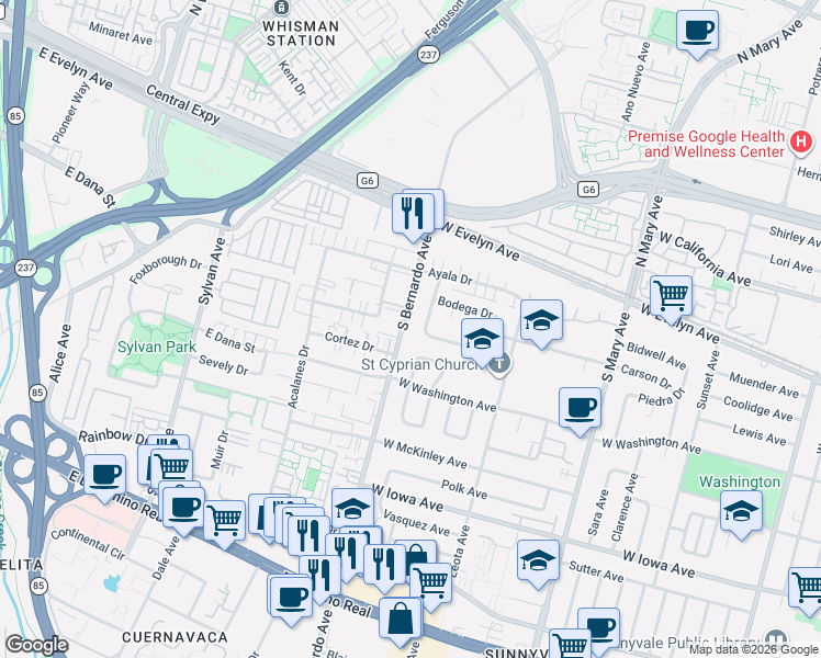 map of restaurants, bars, coffee shops, grocery stores, and more near 184 South Bernardo Avenue in Sunnyvale