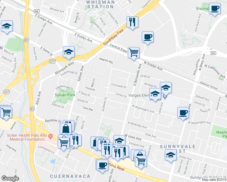 map of restaurants, bars, coffee shops, grocery stores, and more near 1263 West Washington Avenue in Sunnyvale