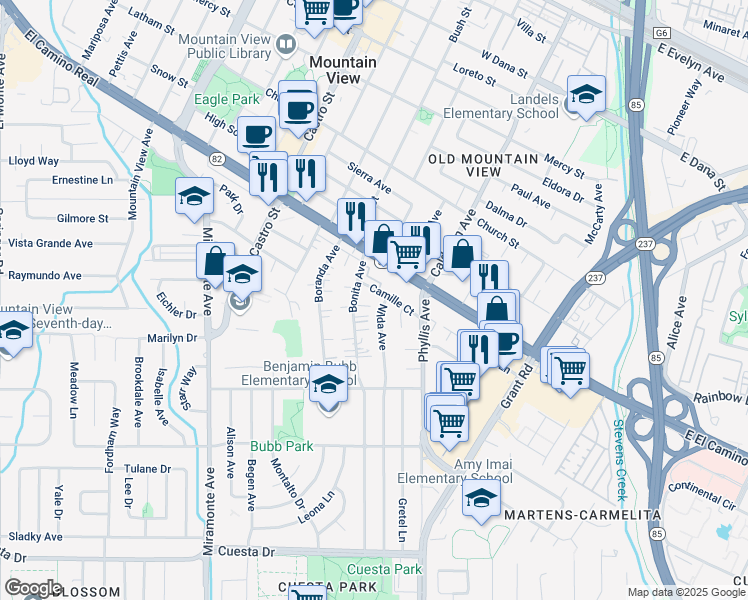 map of restaurants, bars, coffee shops, grocery stores, and more near 1021 Bonita Avenue in Mountain View