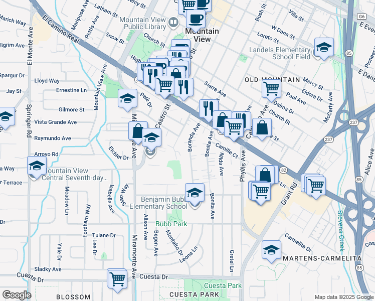 map of restaurants, bars, coffee shops, grocery stores, and more near 1085 Boranda Avenue in Mountain View