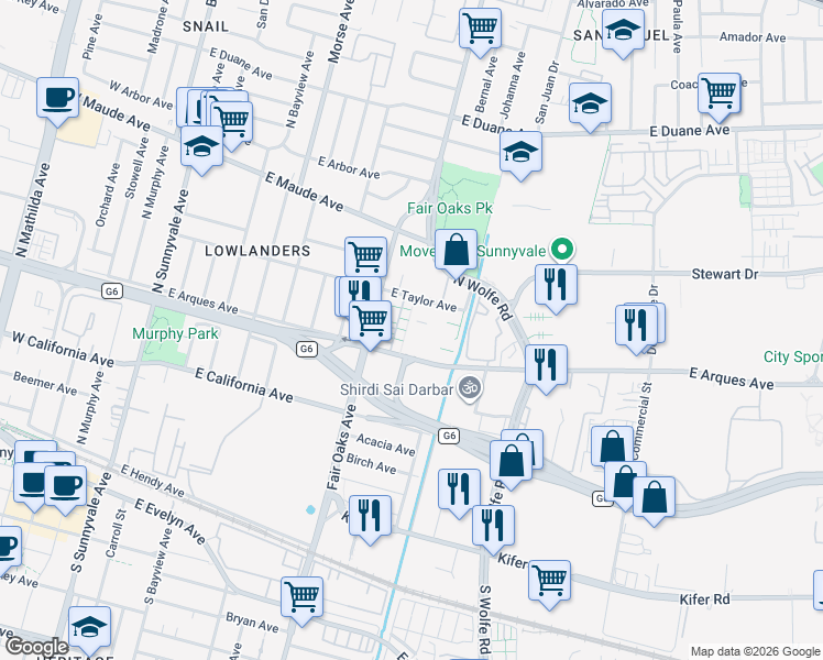 map of restaurants, bars, coffee shops, grocery stores, and more near 662 Montara Terrace in Sunnyvale