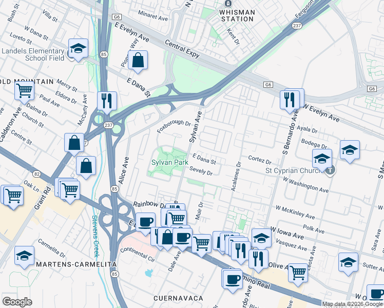 map of restaurants, bars, coffee shops, grocery stores, and more near 818 Sevely Drive in Mountain View