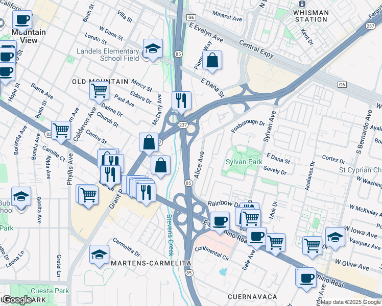 map of restaurants, bars, coffee shops, grocery stores, and more near 768 Alice Avenue in Mountain View