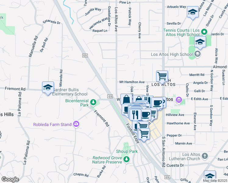 map of restaurants, bars, coffee shops, grocery stores, and more near 20 Los Altos Avenue in Los Altos