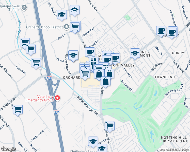 map of restaurants, bars, coffee shops, grocery stores, and more near 1096 East Brokaw Road in San Jose