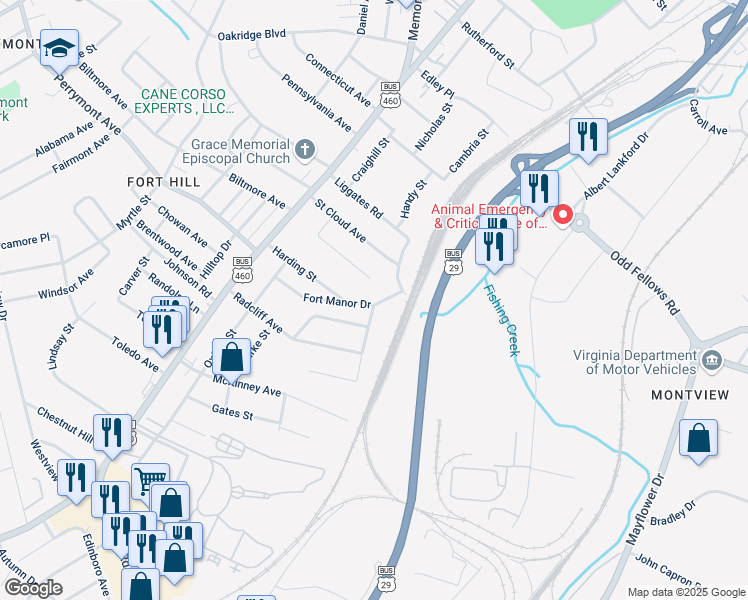 map of restaurants, bars, coffee shops, grocery stores, and more near 1410 Fort Manor Drive in Lynchburg