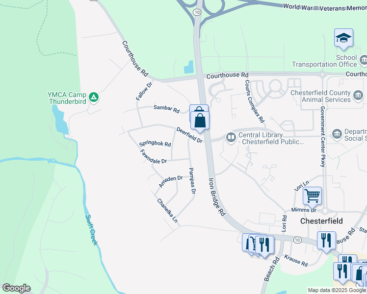 map of restaurants, bars, coffee shops, grocery stores, and more near 7400 Fawndale Drive in Chesterfield