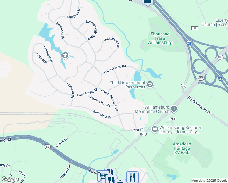 map of restaurants, bars, coffee shops, grocery stores, and more near 104 Lakepoint Court in Williamsburg