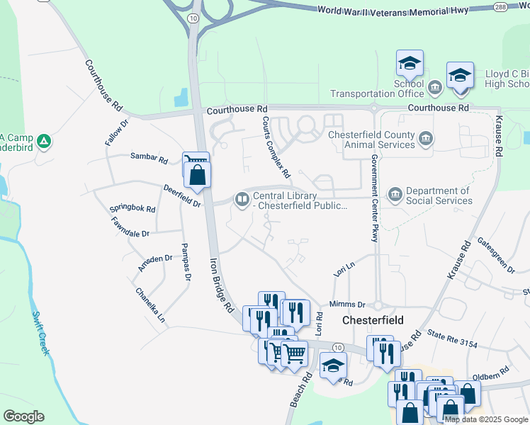 map of restaurants, bars, coffee shops, grocery stores, and more near 9600 Pine Orchard Road in Chesterfield