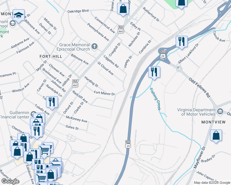map of restaurants, bars, coffee shops, grocery stores, and more near 1410 Fort Manor Drive in Lynchburg