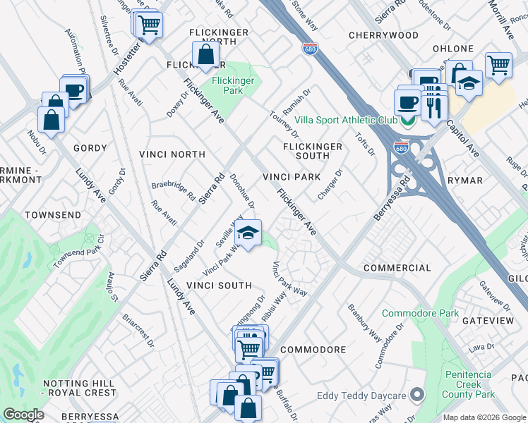 map of restaurants, bars, coffee shops, grocery stores, and more near 1272 Donohue Drive in San Jose