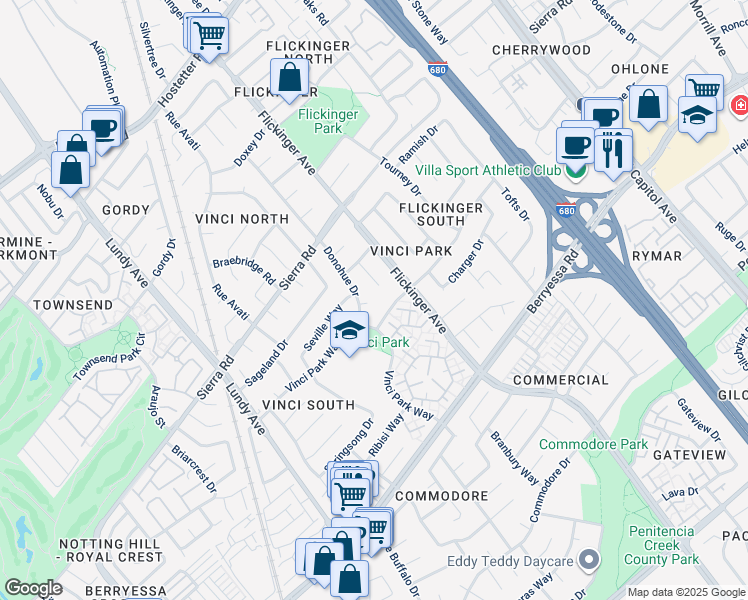 map of restaurants, bars, coffee shops, grocery stores, and more near 1272 Donohue Drive in San Jose