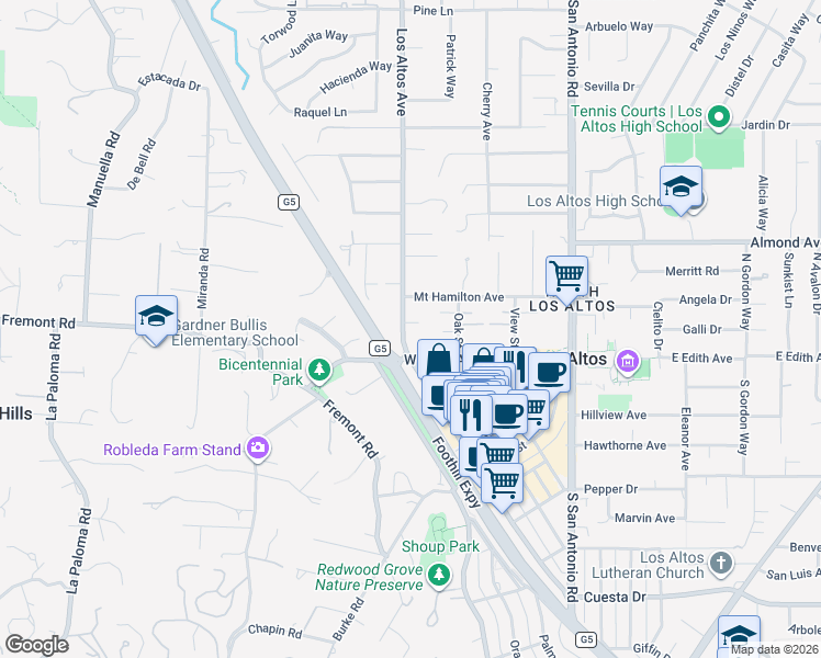 map of restaurants, bars, coffee shops, grocery stores, and more near 49 Los Altos Avenue in Los Altos