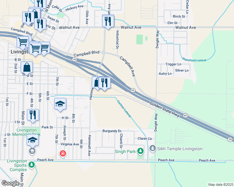 map of restaurants, bars, coffee shops, grocery stores, and more near 2351 F Street in Livingston